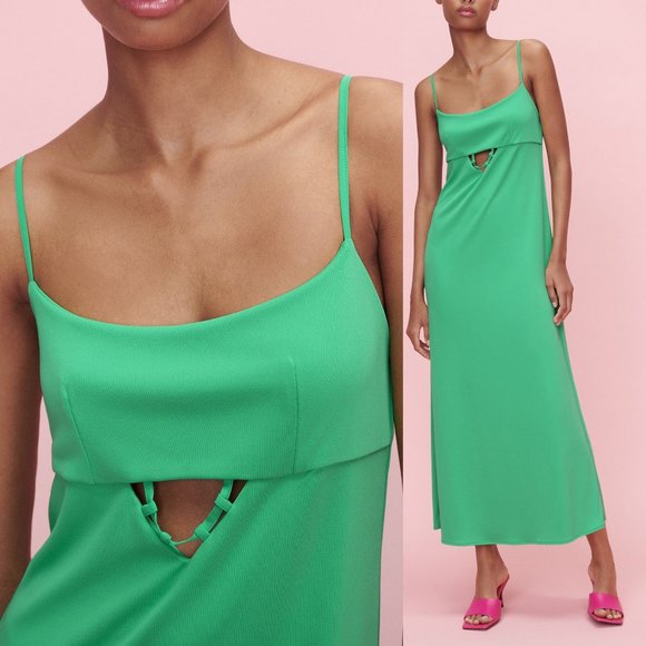 NEW Zara Stretch Knit Cutout Detail Long Maxi Slip Dress Size L Emerald Green - Picture 1 of 11